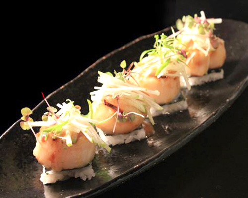 Char-grilled sea scallops with kushiyaki glaze