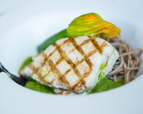 Grilled swordfish with organic soba noodles, smoky eggplant and stuffed zucchini flowers